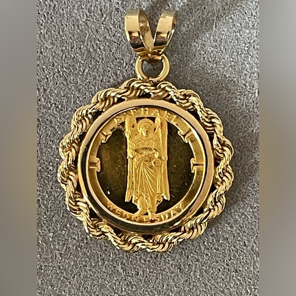 Solid 24K Yellow Gold Coin Raphael Angel & 14K Bezel Pendant Neck Chain Necklace - Picture 4 of 15